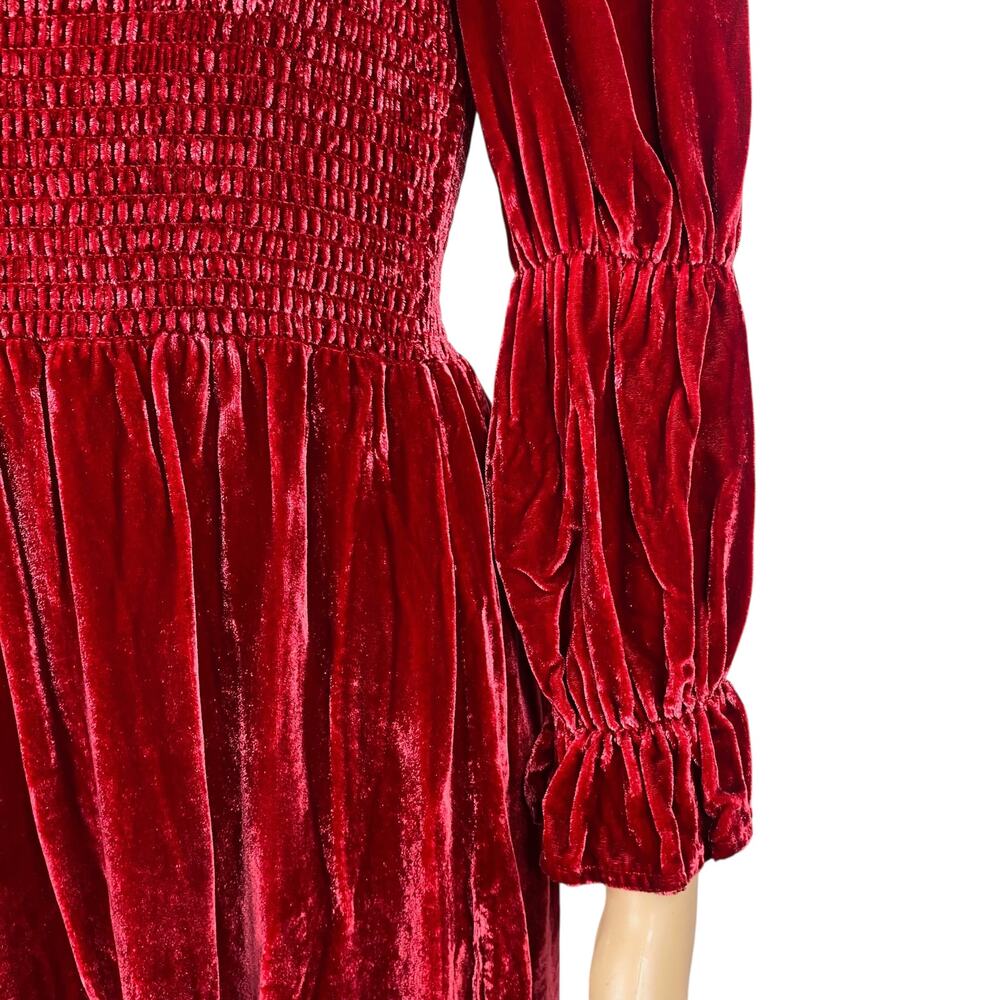 Reformation Red Crimson Velvet Smocked Juliet Sleeve Mini Dress S Whimsigoth - Picture 6 of 11